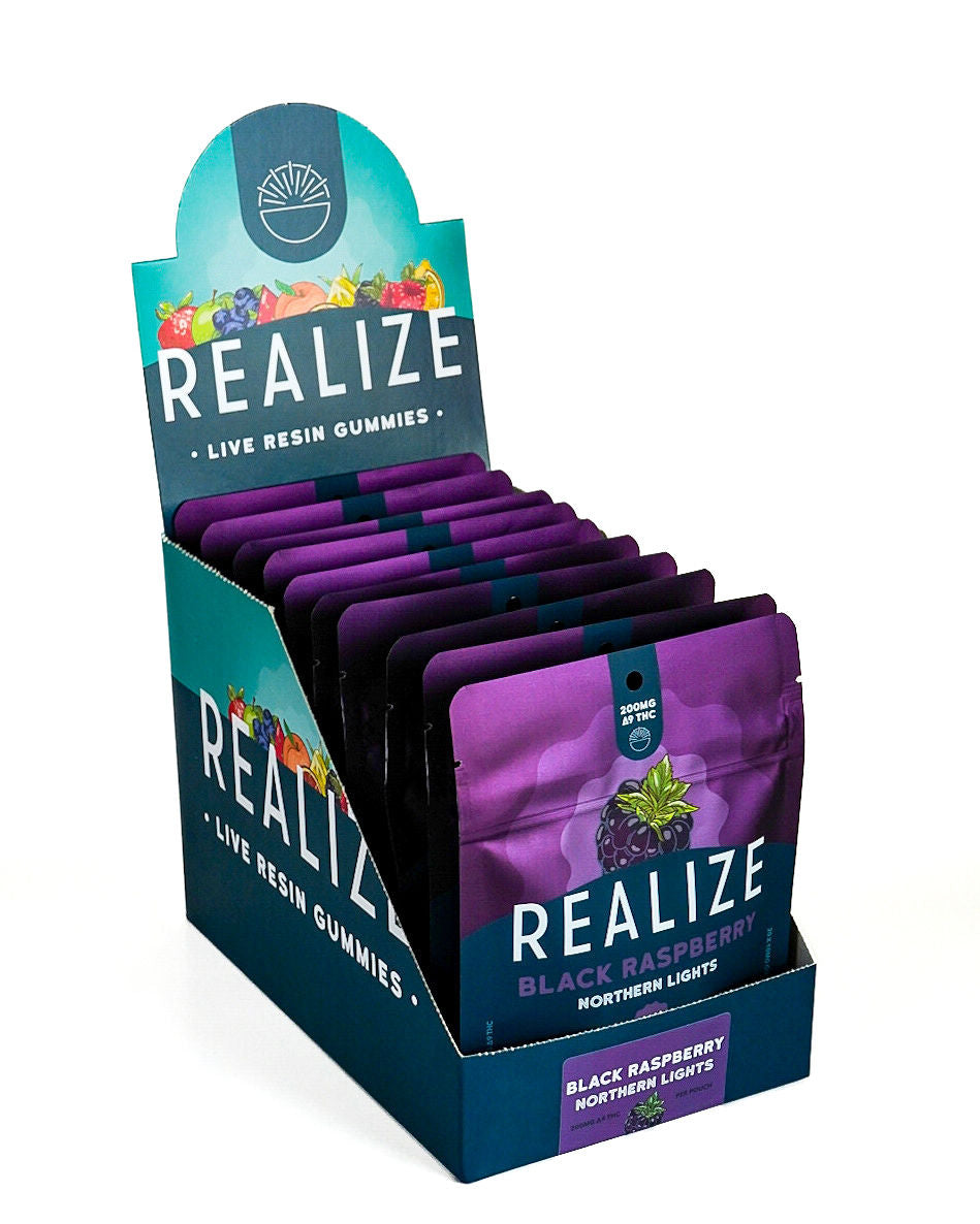 Realize live resin gummies Black Raspberry Northern Lights 200mg Delta-9 THC wholesale display box with retail packaging