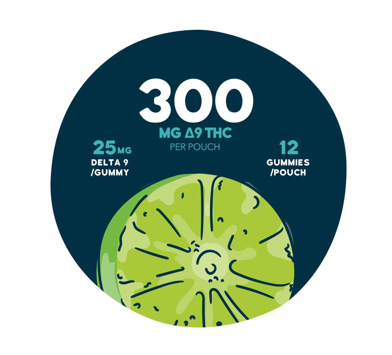Graphic showing a close-up green, fruit slice-style gummy on a dark teal background with text reading “300 MG Δ9 THC per pouch,” “25 MG Delta 9 / gummy,” and “12 gummies / pouch.”