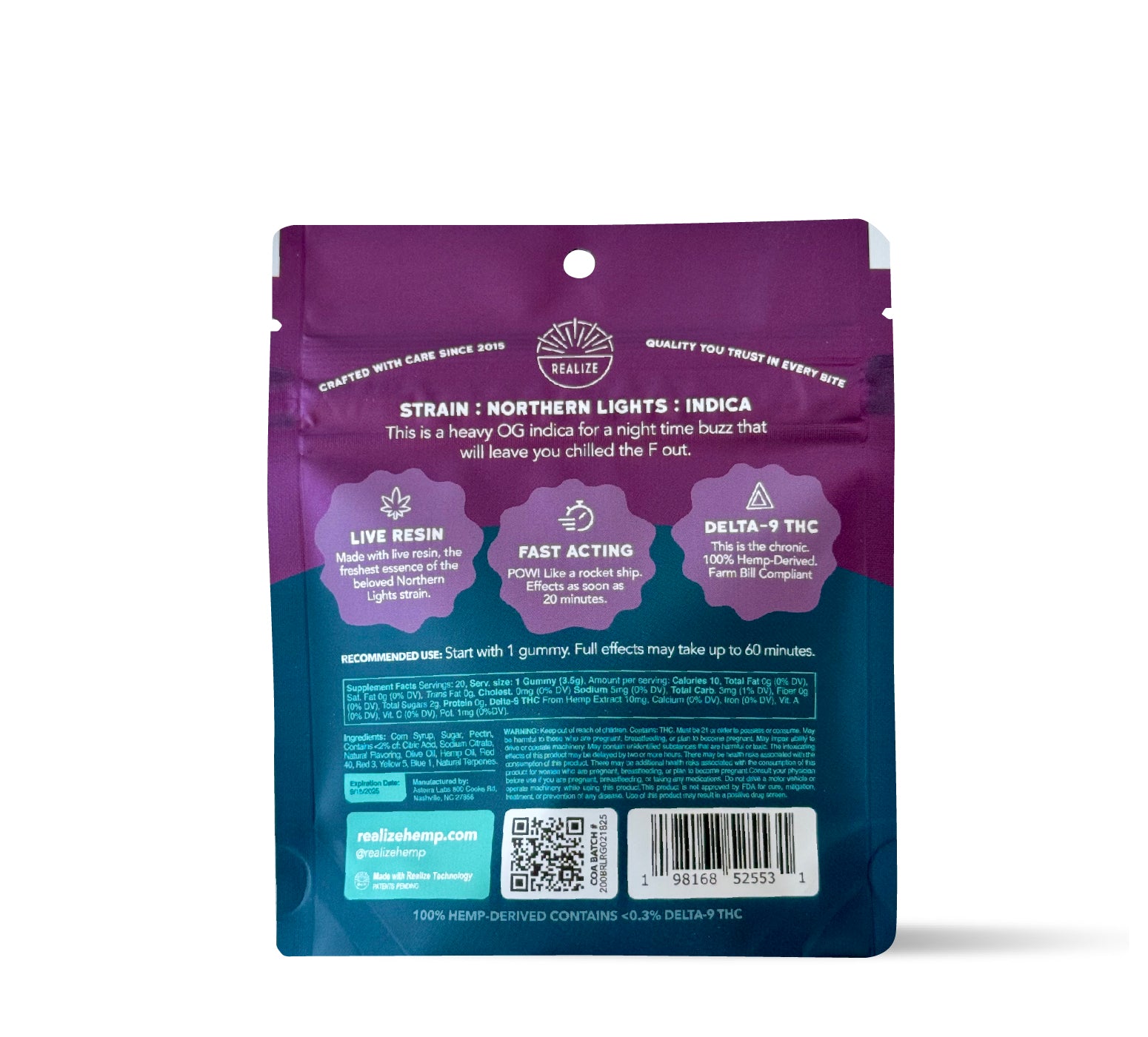 Realize Black Raspberry Northern Lights live resin gummies packaging back panel with strain info, live resin, fast acting effects, Delta-9 THC details, ingredients, barcode, and QR code