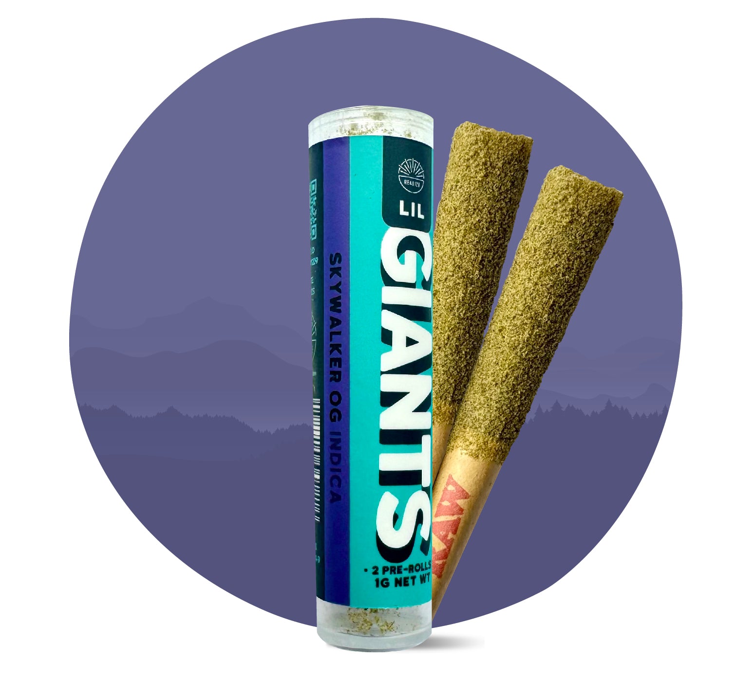 Realize Lil Giants Skywalker OG indica 30% THCA pre-rolls with tube packaging and two infused hemp joints
