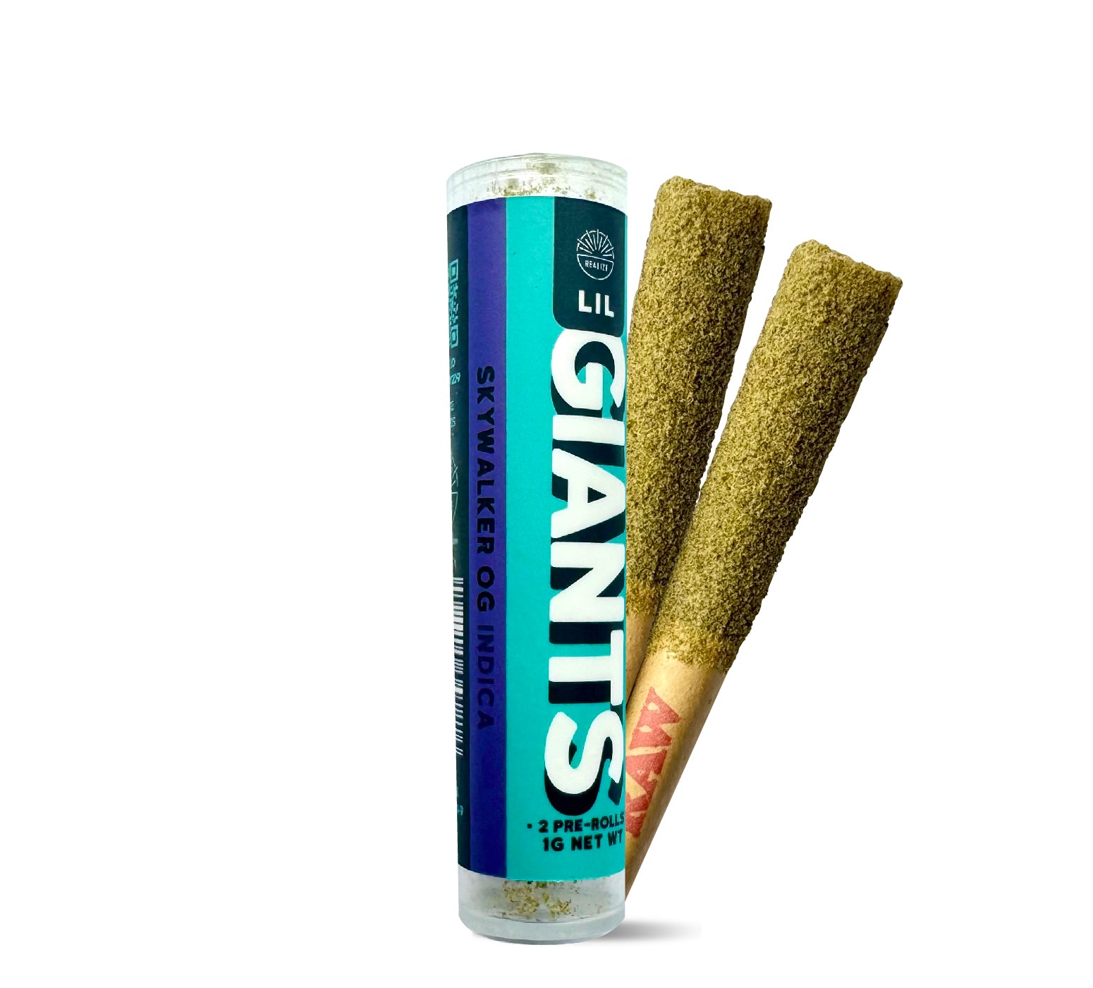 Realize Lil Giants Skywalker OG indica 30% THCA pre-rolls with tube packaging and two infused hemp joints