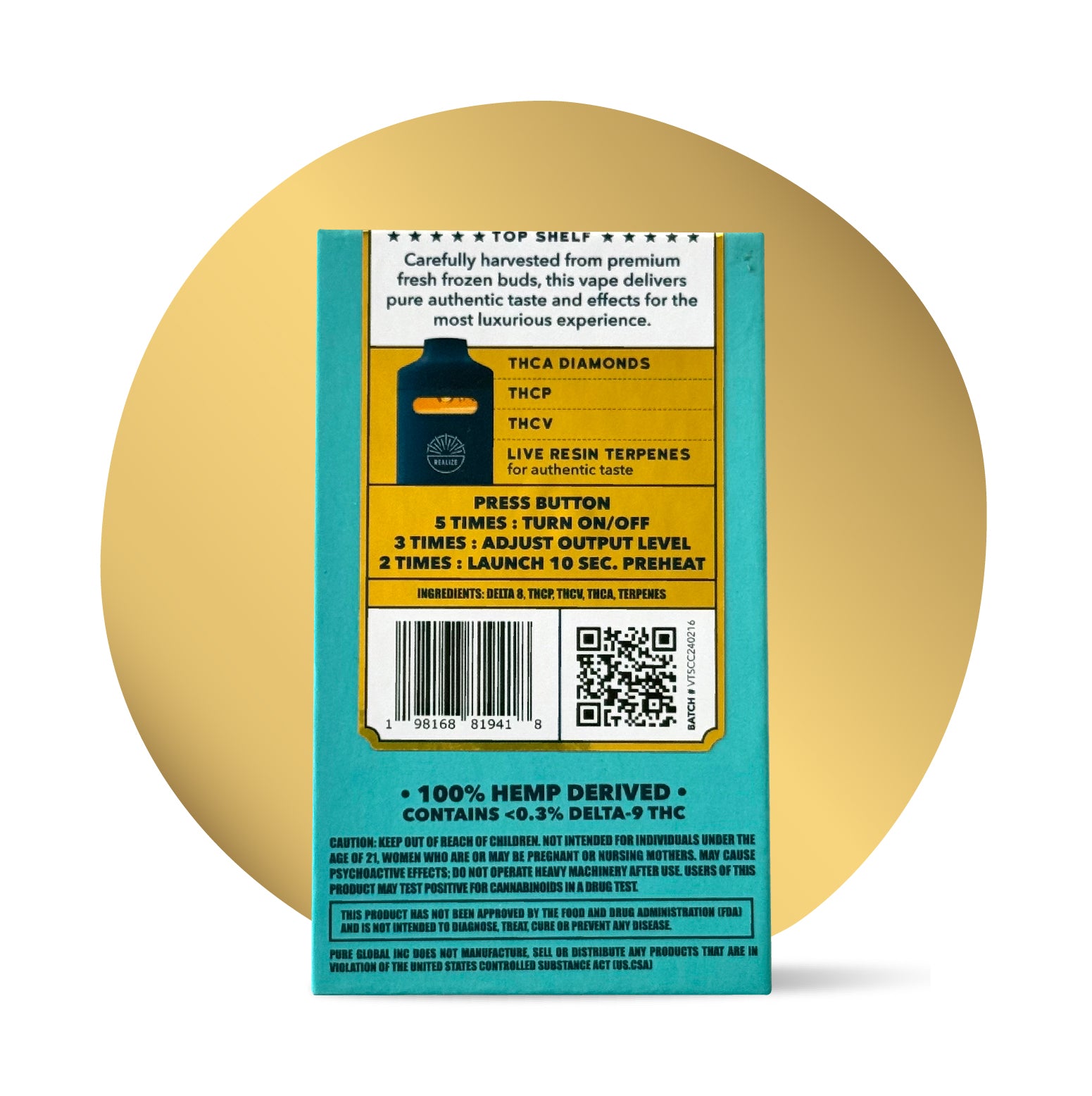 Realize Cherry Cookies disposable vape packaging back panel showing THCA diamonds, THCP, THCV, live resin terpenes, usage instructions, barcode, and hemp-derived warning