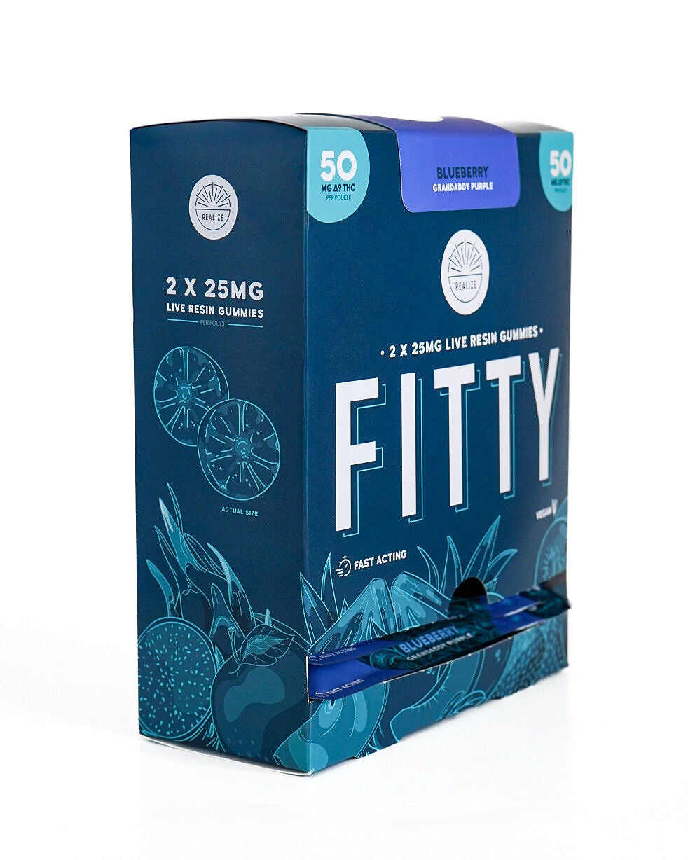Realize FITTY Blueberry Granddaddy Purple live resin gummies 50mg Delta-9 THC wholesale display box