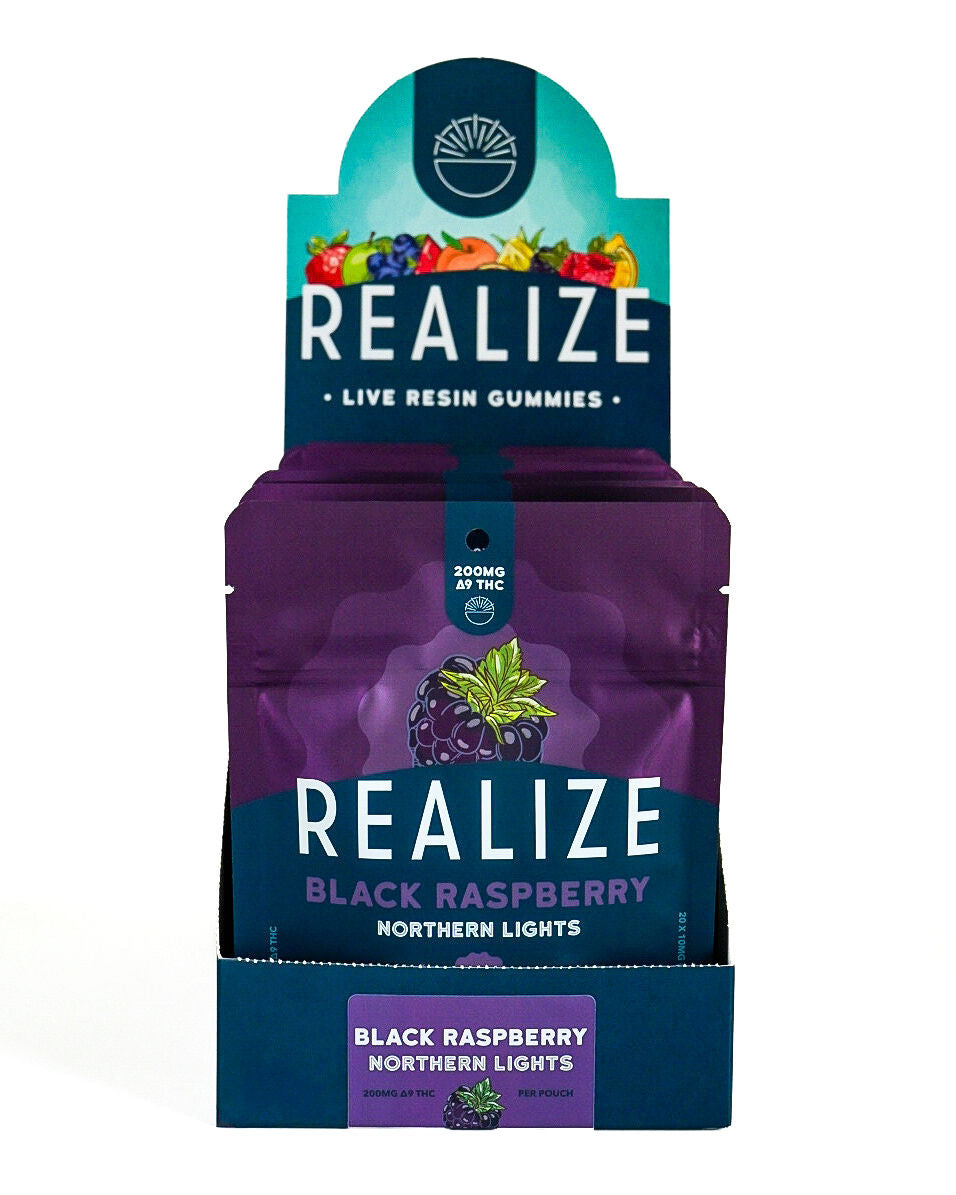 Realize live resin gummies Black Raspberry Northern Lights 200mg Delta-9 THC wholesale display box with retail packaging