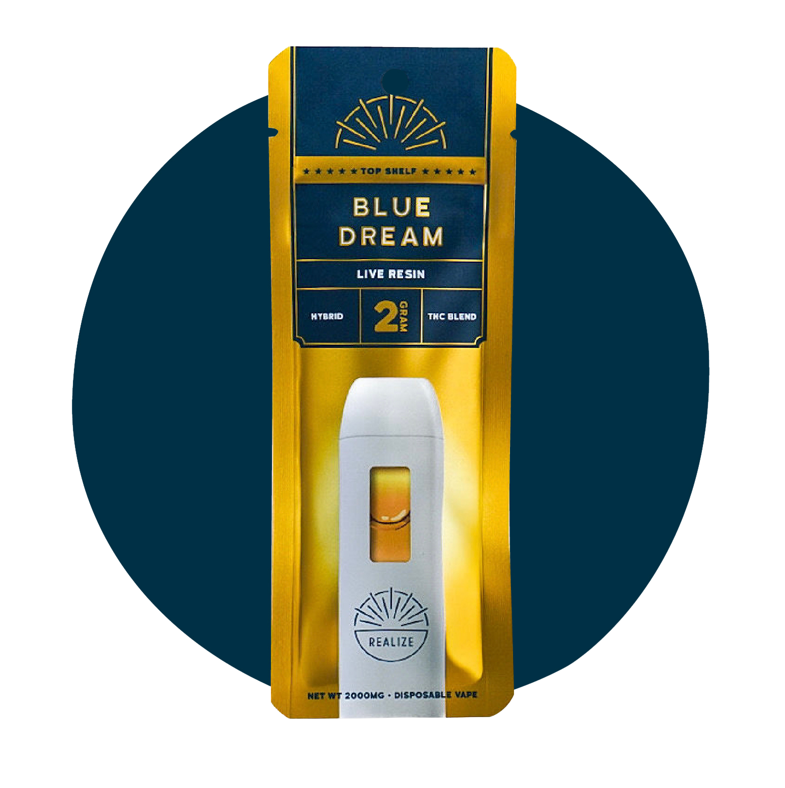 Top Shelf Realize Blue Dream live resin disposable vape 2 gram THC blend hybrid in gold retail packaging