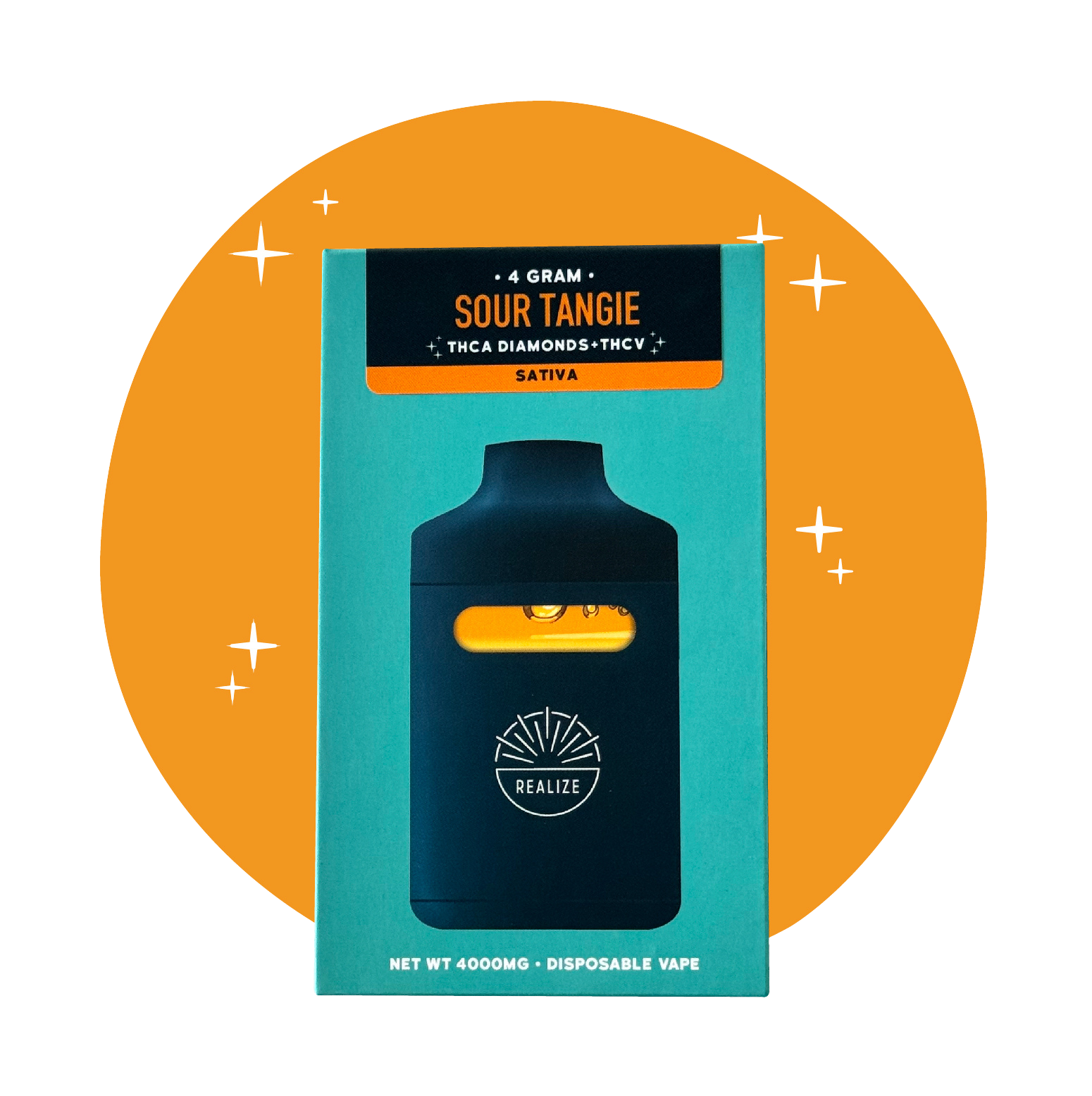 Realize Sour Tangie disposable vape packaging front, sativa strain with THCA diamonds and THCV, 4 gram disposable vape with device illustration